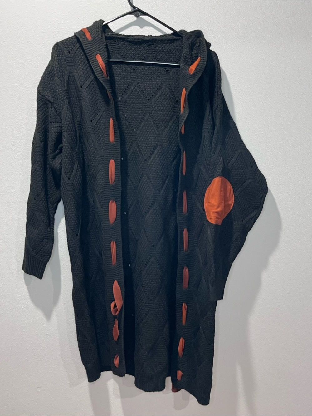Black Hooded Knit Cardigan with Orange Accents